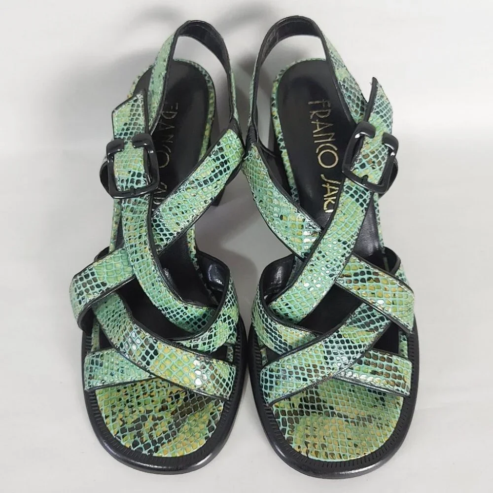 Franco Sarto Women 90s Open-Toe Strappy Sandals 5.5 Green Snakeskin Block Heel